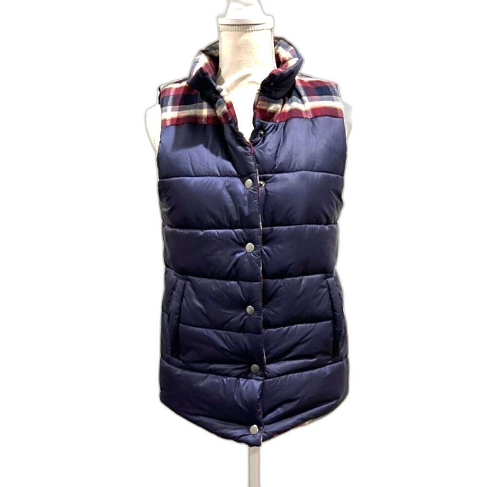 Mod-o-doc Women's Reversible Quilted Vest Navy / Plaid‎ Flannel Size Small